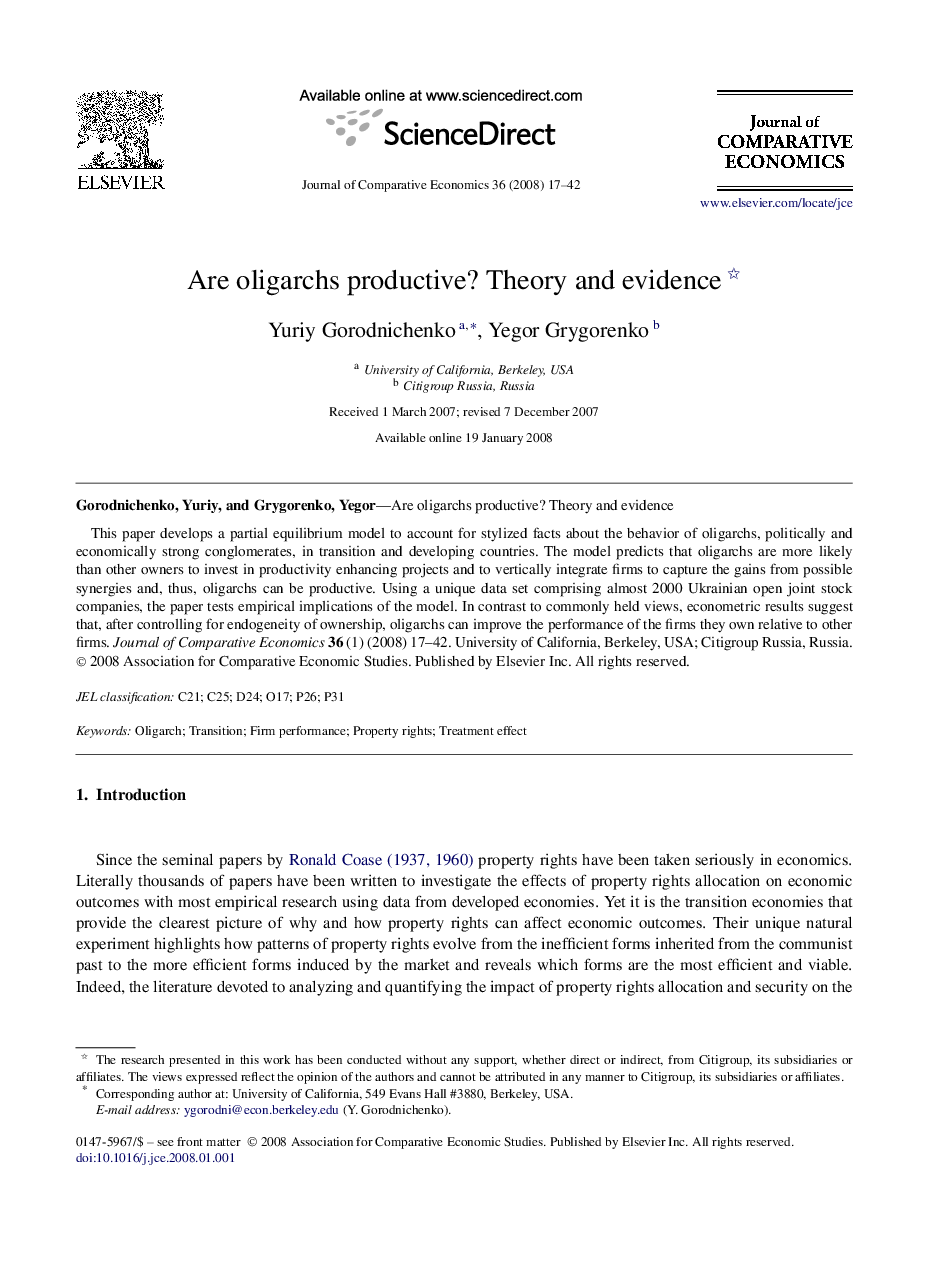 Are oligarchs productive? Theory and evidence