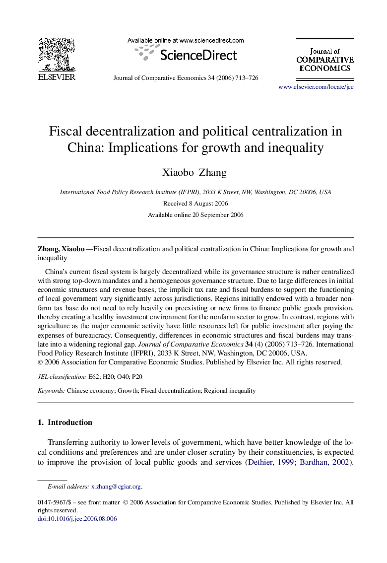 Fiscal decentralization and political centralization in China: Implications for growth and inequality