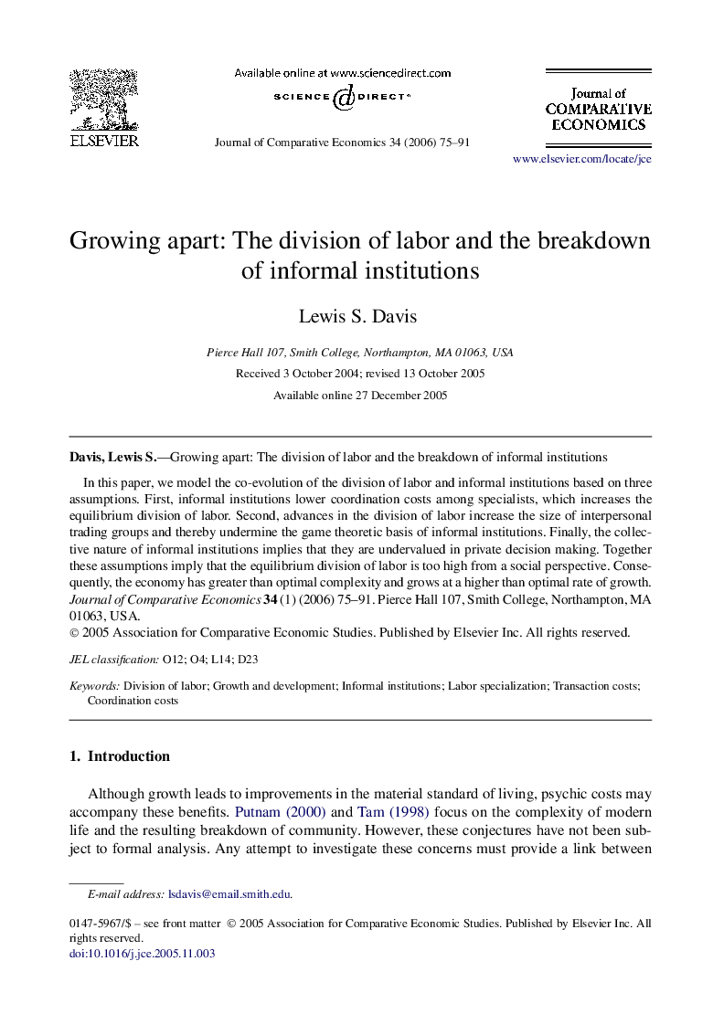 Growing apart: The division of labor and the breakdown of informal institutions