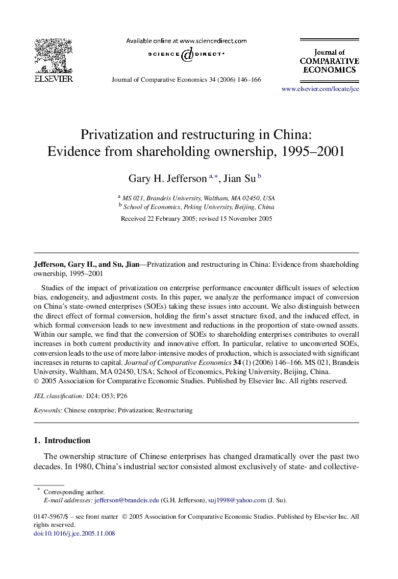 Privatization and restructuring in China: Evidence from shareholding ownership, 1995-2001