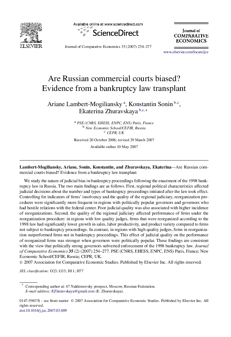 Are Russian commercial courts biased? Evidence from a bankruptcy law transplant
