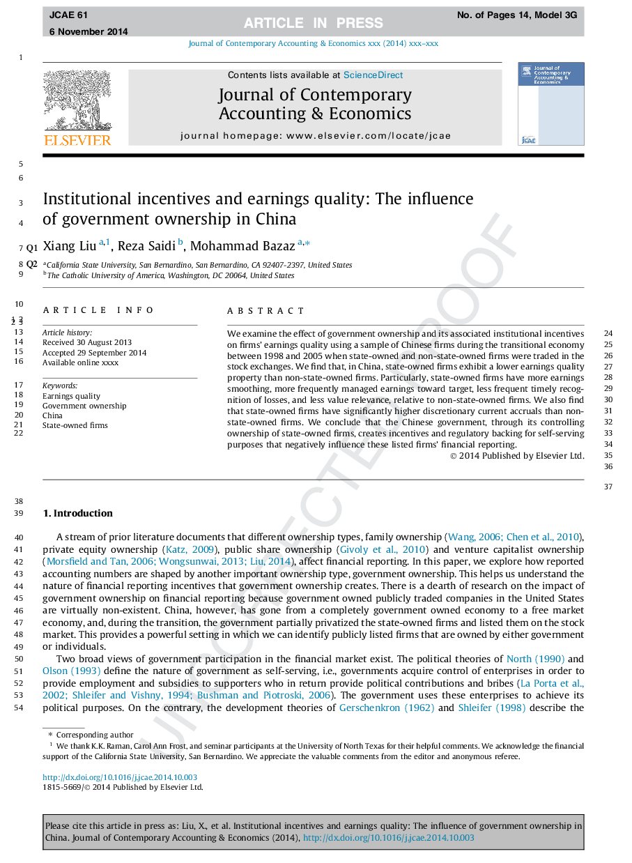 Institutional incentives and earnings quality: The influence of government ownership in China