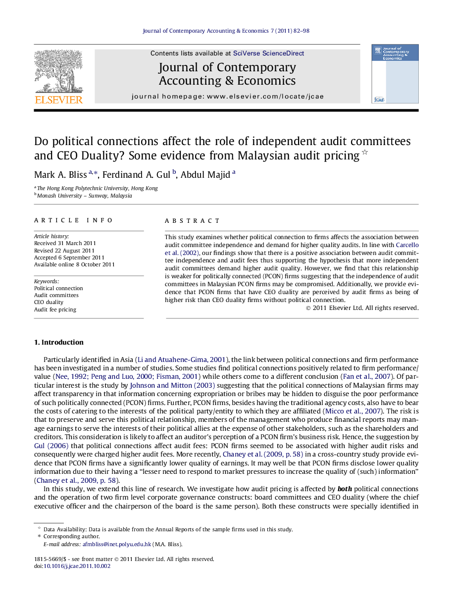 Do political connections affect the role of independent audit committees and CEO Duality? Some evidence from Malaysian audit pricing