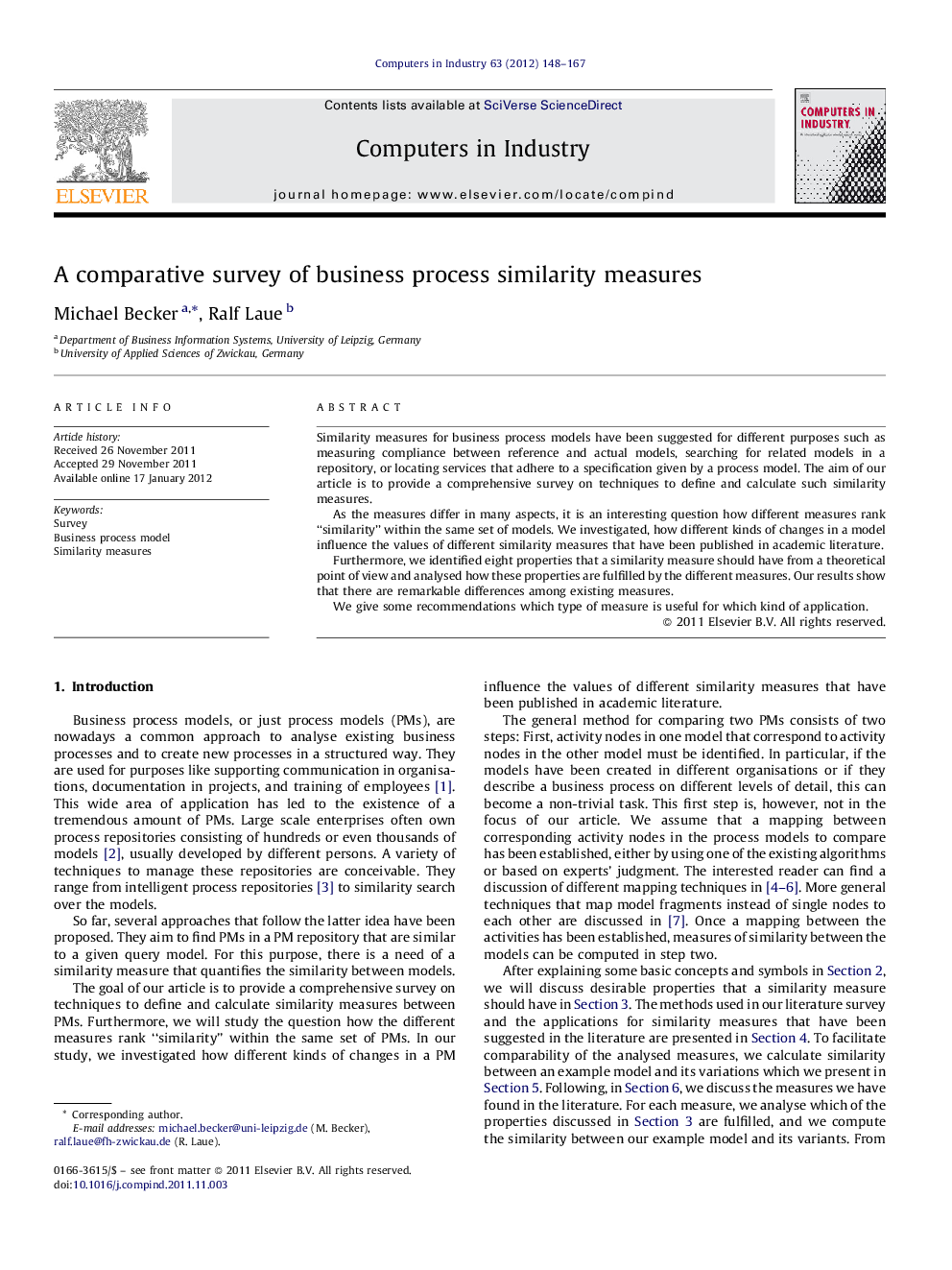 A comparative survey of business process similarity measures