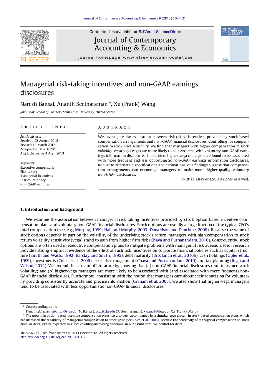 Managerial risk-taking incentives and non-GAAP earnings disclosures