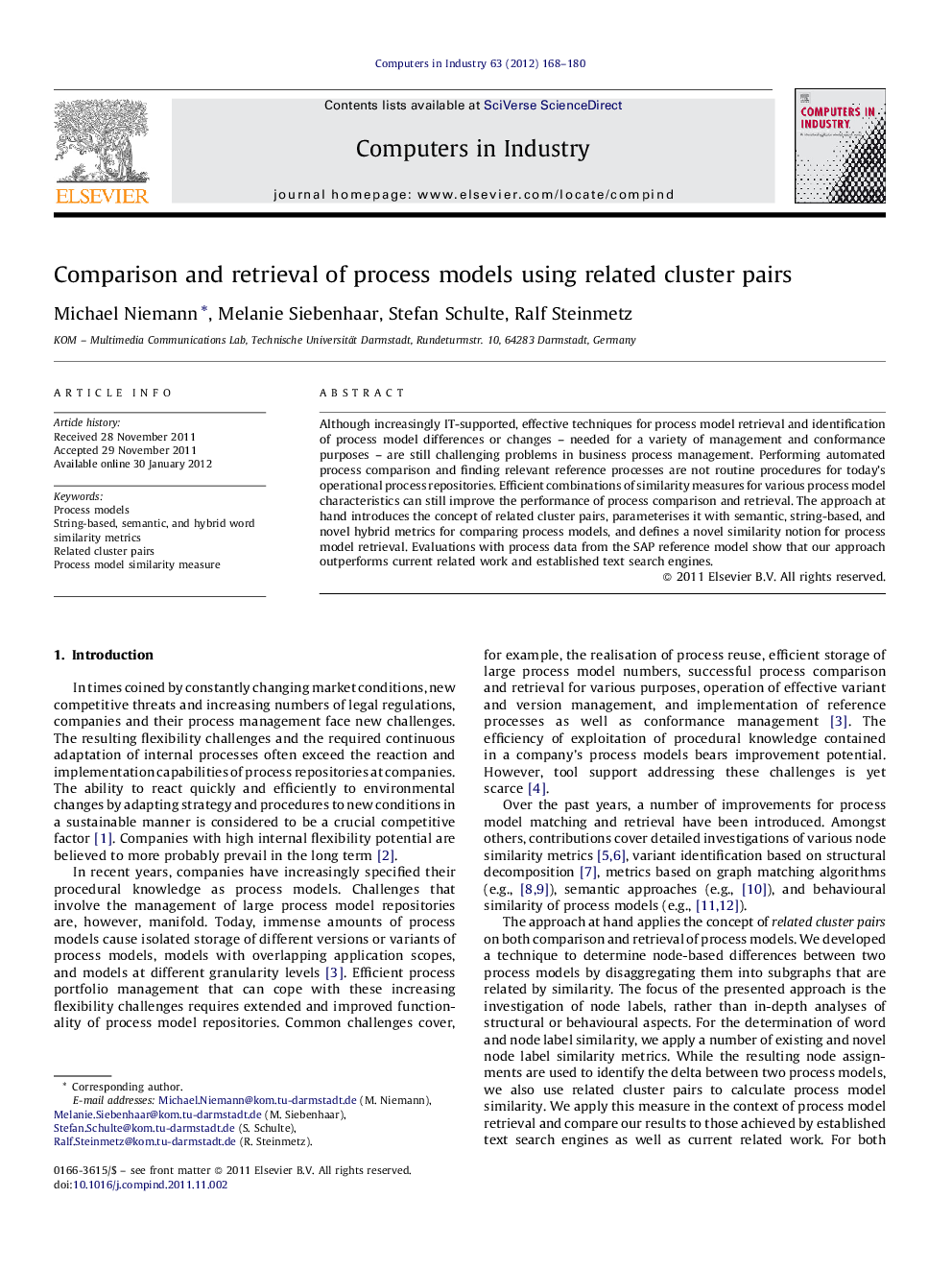 Comparison and retrieval of process models using related cluster pairs