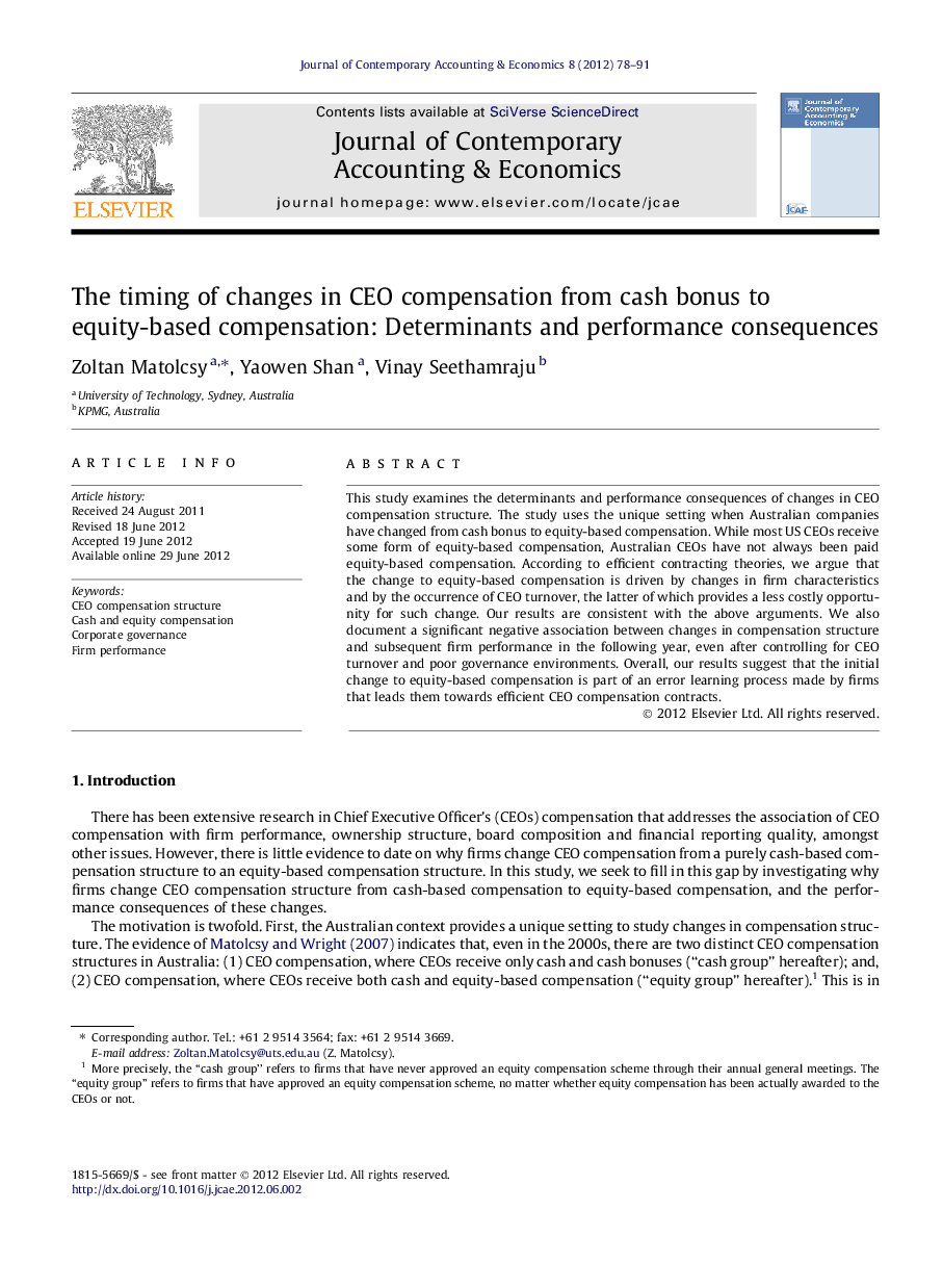 The timing of changes in CEO compensation from cash bonus to equity-based compensation: Determinants and performance consequences