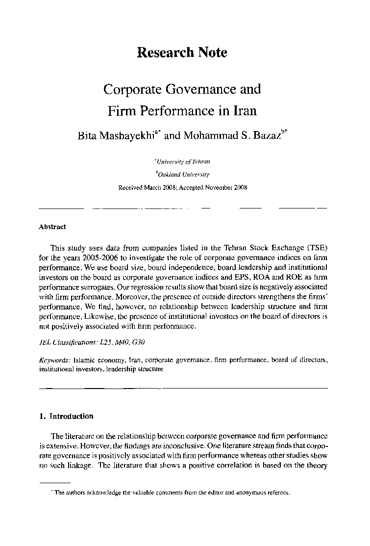 Corporate Governance and Firm Performance in Iran