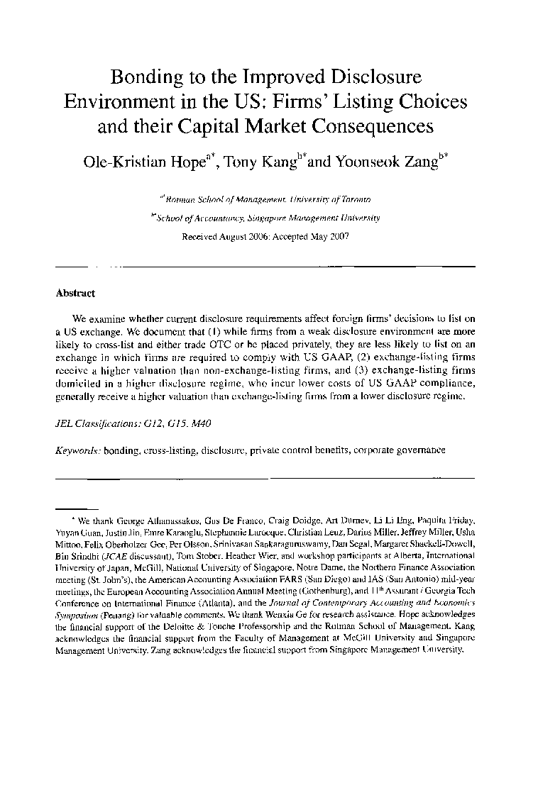 Bonding to the Improved Disclosure Environment in the US: Firms' Listing Choices and their Capital Market Consequences