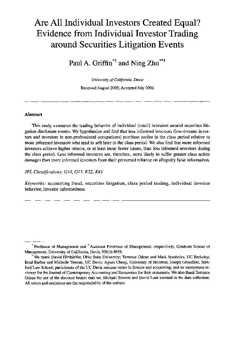 Are All Individual Investors Created Equal? Evidence from Individual Investor Trading around Securities Litigation Events