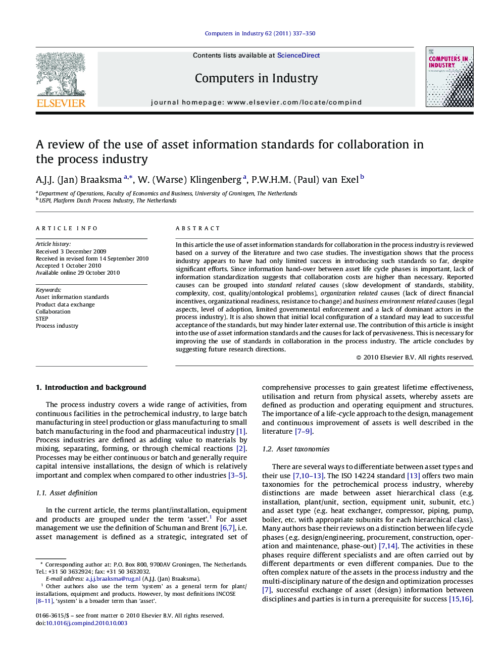 A review of the use of asset information standards for collaboration in the process industry
