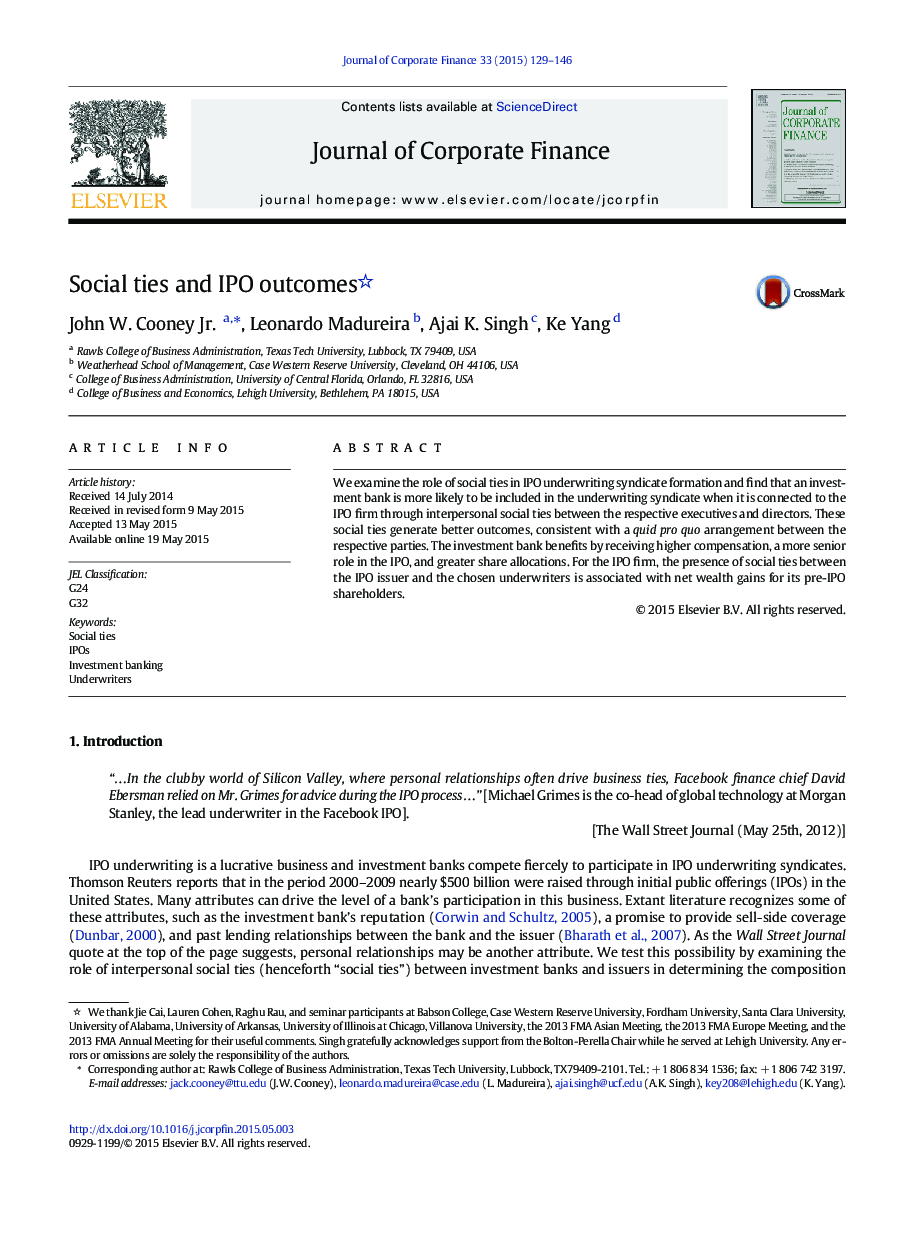 عکس صفحه اول مقاله: Social ties and IPO outcomes Social ties and IPO outcomes