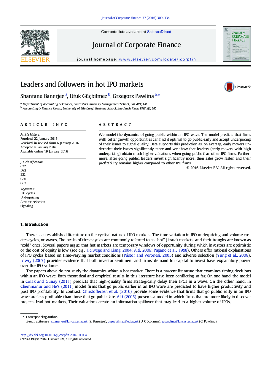 عکس صفحه اول مقاله: Leaders and followers in hot IPO markets Leaders and followers in hot IPO markets