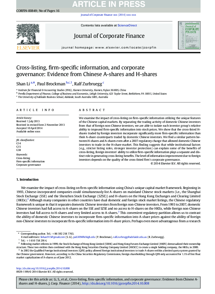 Cross-listing, firm-specific information, and corporate governance: Evidence from Chinese A-shares and H-shares