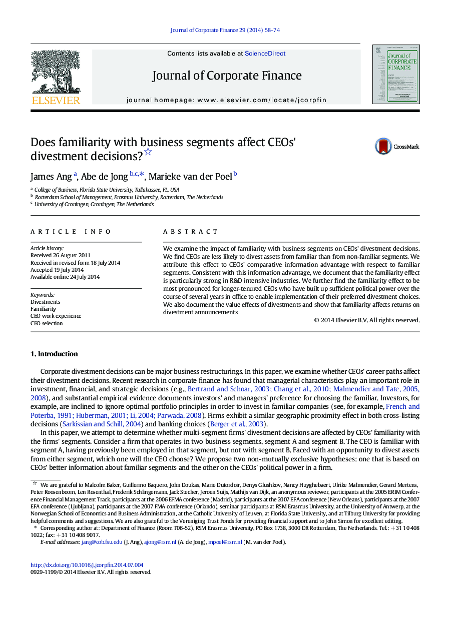 عکس صفحه اول مقاله: Does familiarity with business segments affect CEOs' divestment decisions? Does familiarity with business segments affect CEOs' divestment decisions?