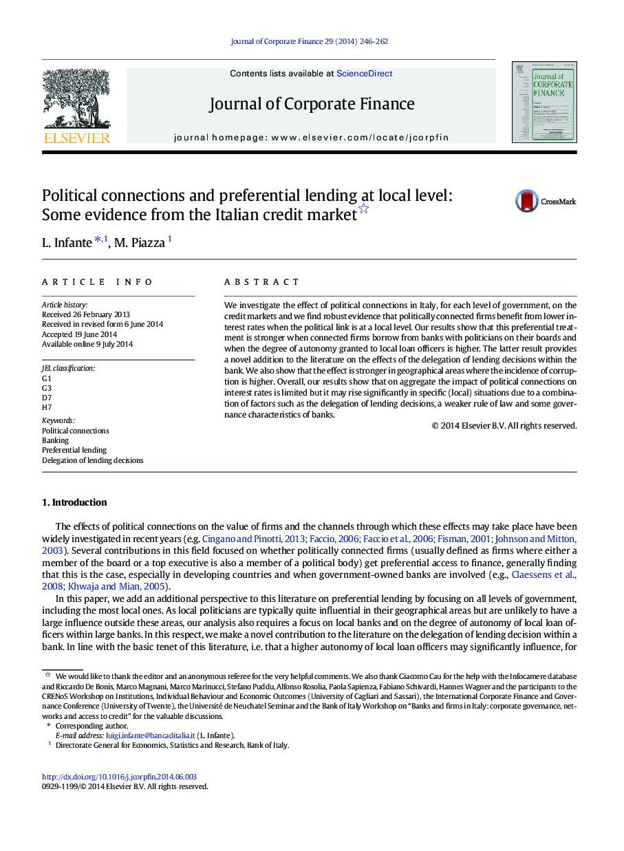 Political connections and preferential lending at local level: Some evidence from the Italian credit market