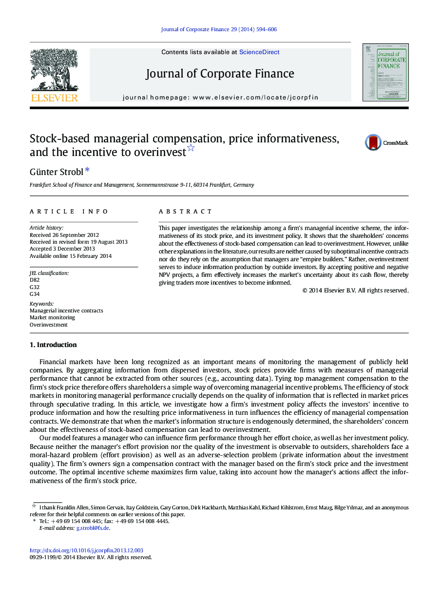 Stock-based managerial compensation, price informativeness, and the incentive to overinvest