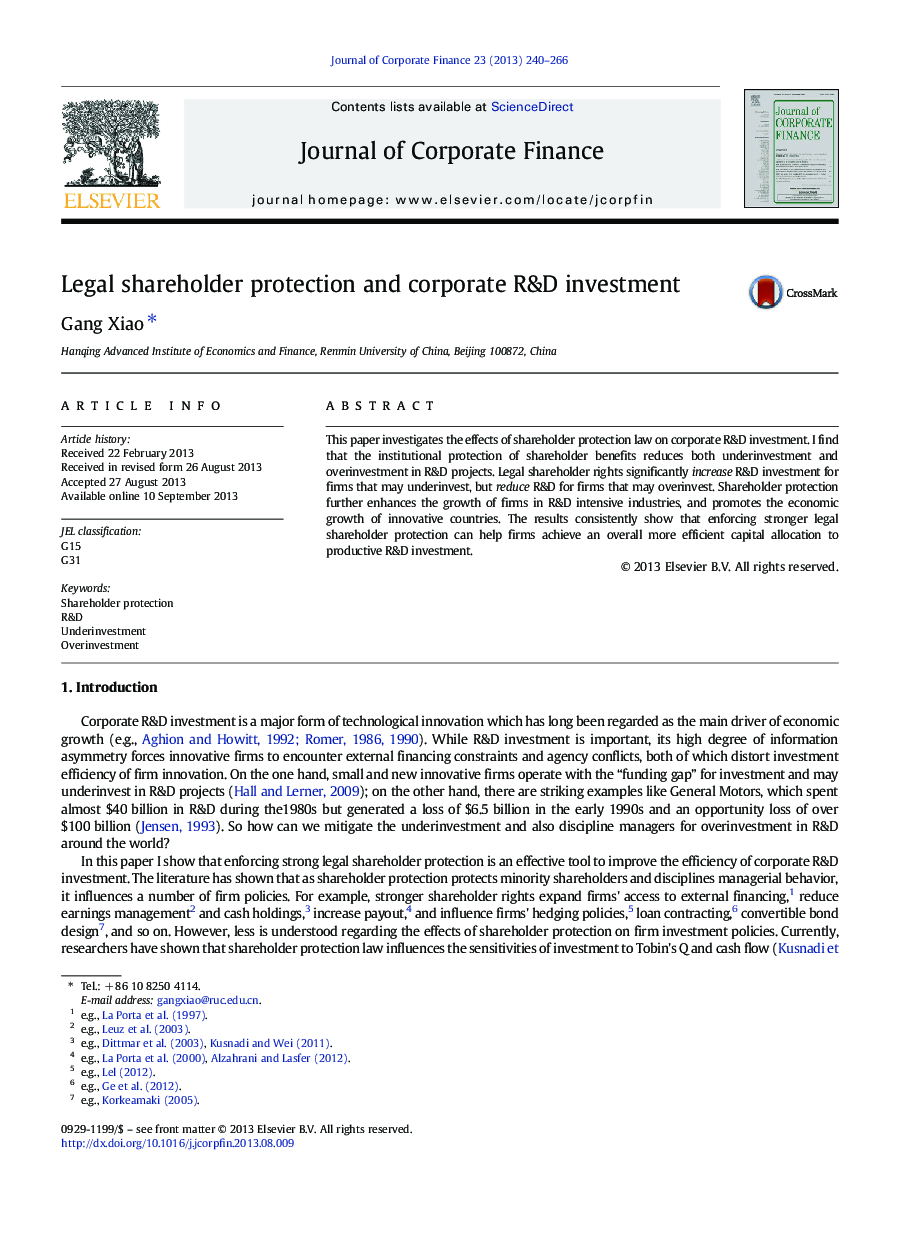 Legal shareholder protection and corporate R&D investment