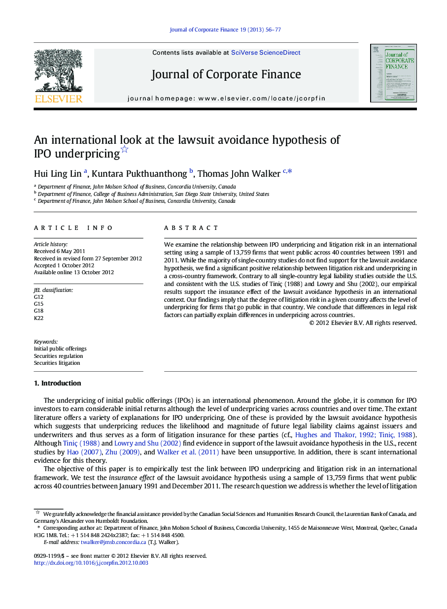 An international look at the lawsuit avoidance hypothesis of IPO underpricing