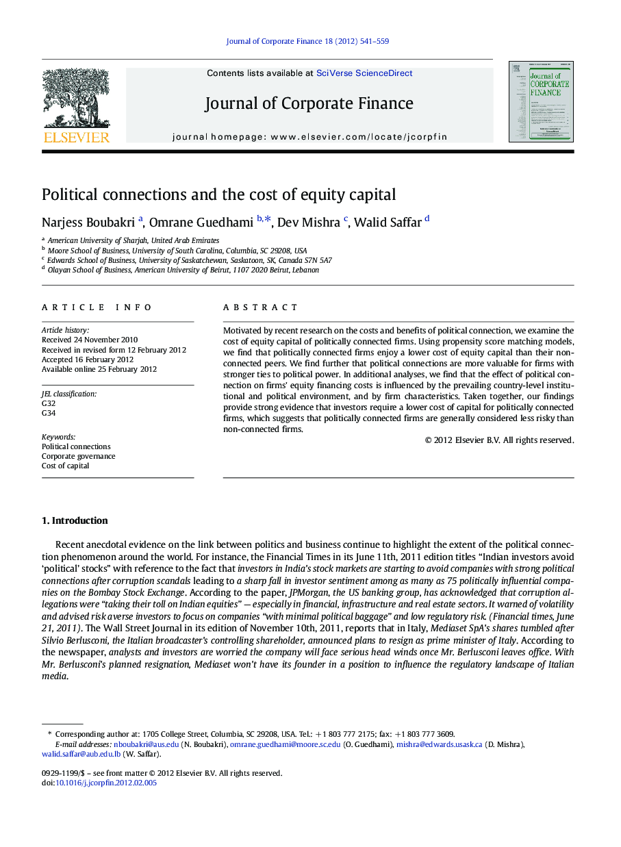 Political connections and the cost of equity capital