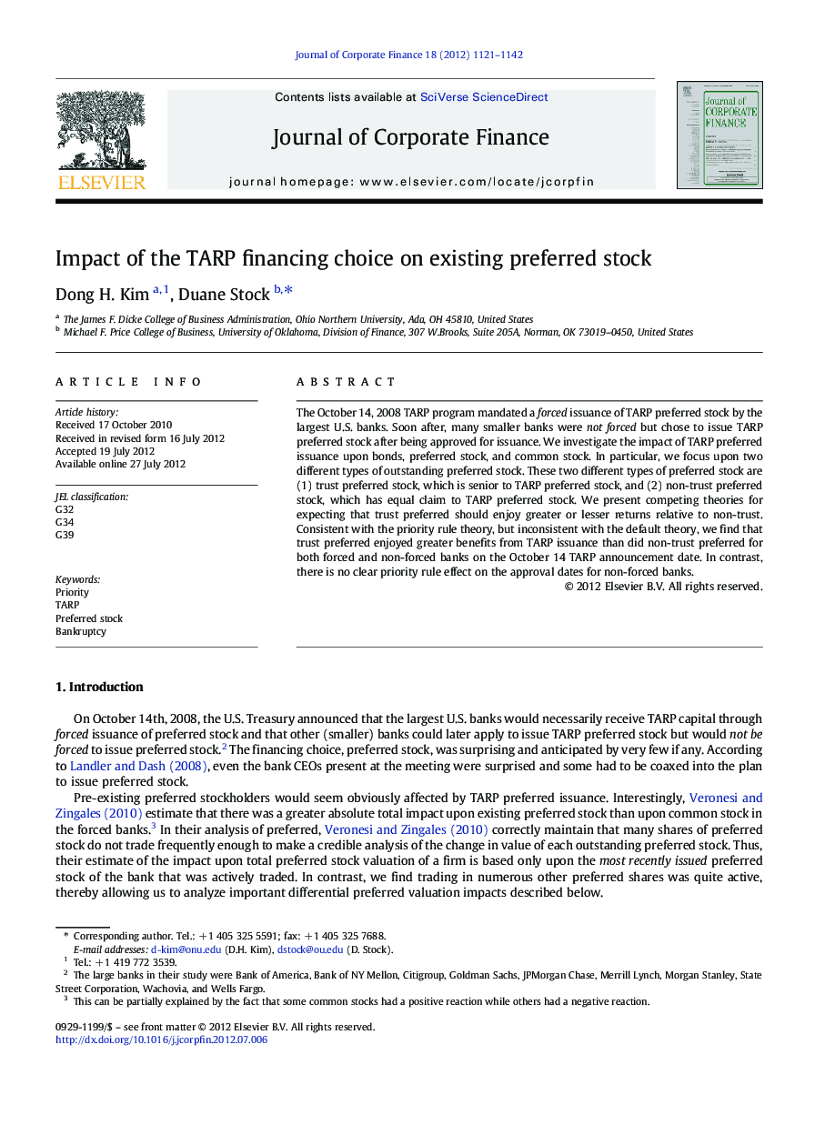 Impact of the TARP financing choice on existing preferred stock