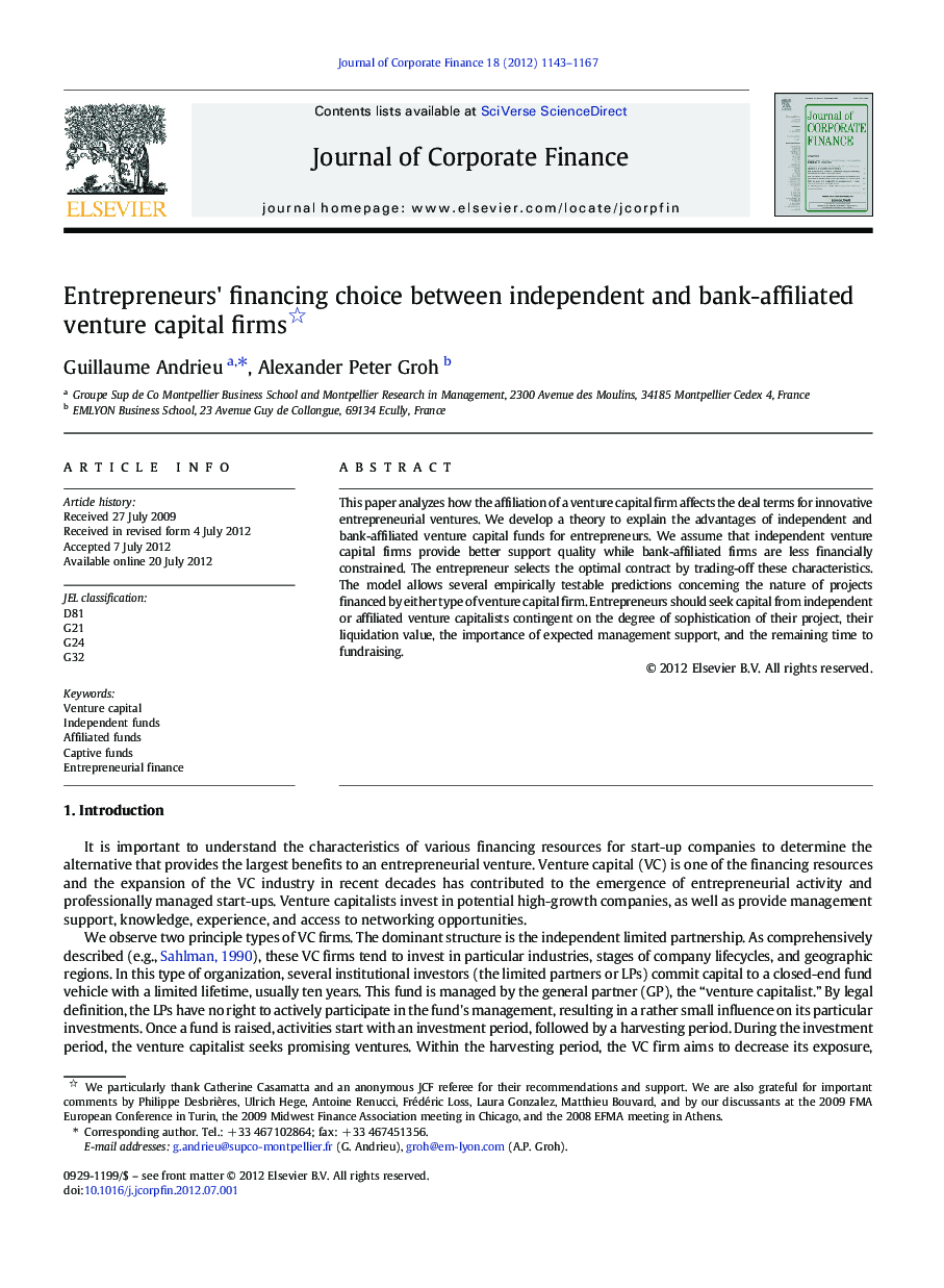 Entrepreneurs' financing choice between independent and bank-affiliated venture capital firms