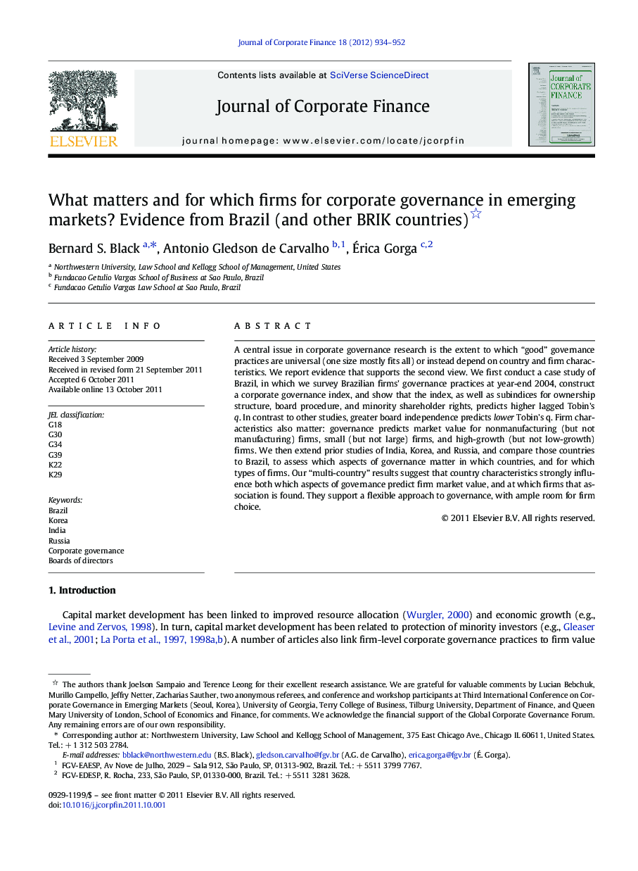 What matters and for which firms for corporate governance in emerging markets? Evidence from Brazil (and other BRIK countries)