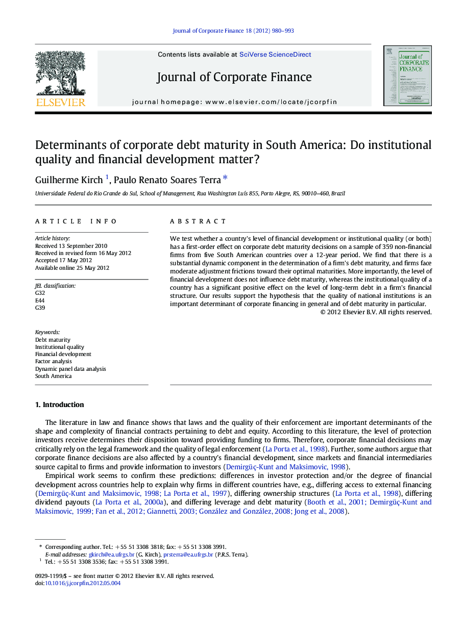 Determinants of corporate debt maturity in South America: Do institutional quality and financial development matter?