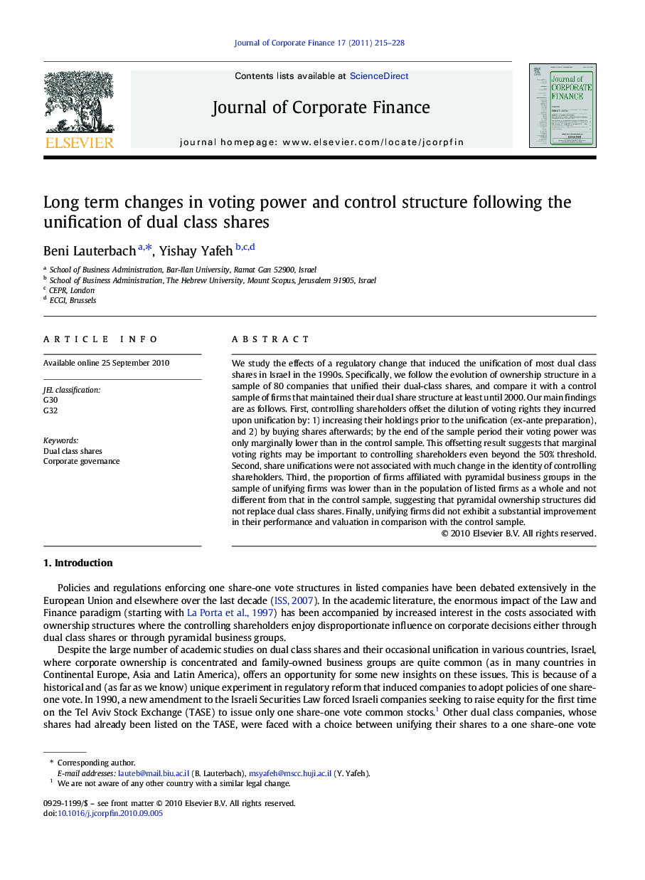 Long term changes in voting power and control structure following the unification of dual class shares