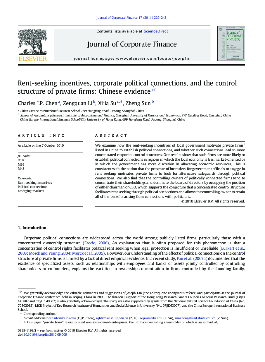 Rent-seeking incentives, corporate political connections, and the control structure of private firms: Chinese evidence