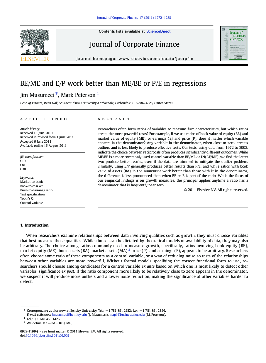 BE/ME and E/P work better than ME/BE or P/E in regressions