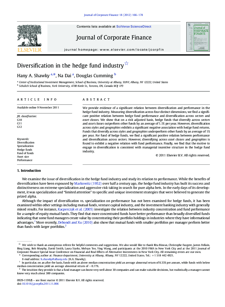 عکس صفحه اول مقاله: Diversification in the hedge fund industry Diversification in the hedge fund industry