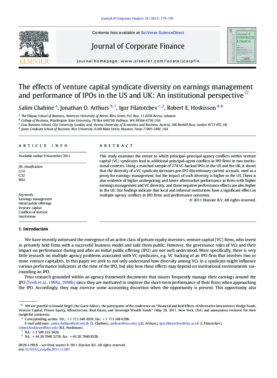 The effects of venture capital syndicate diversity on earnings management and performance of IPOs in the US and UK: An institutional perspective