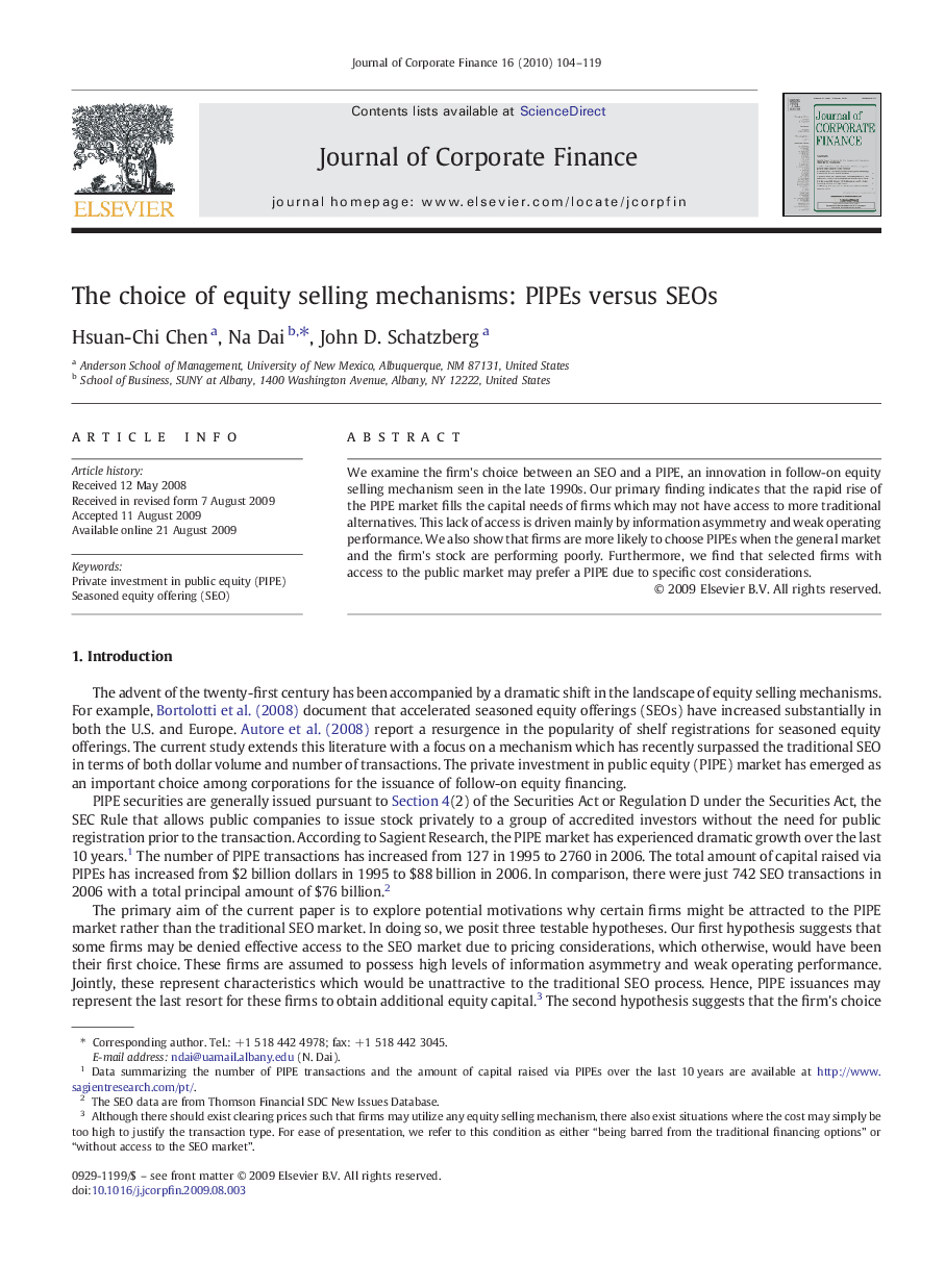 The choice of equity selling mechanisms: PIPEs versus SEOs