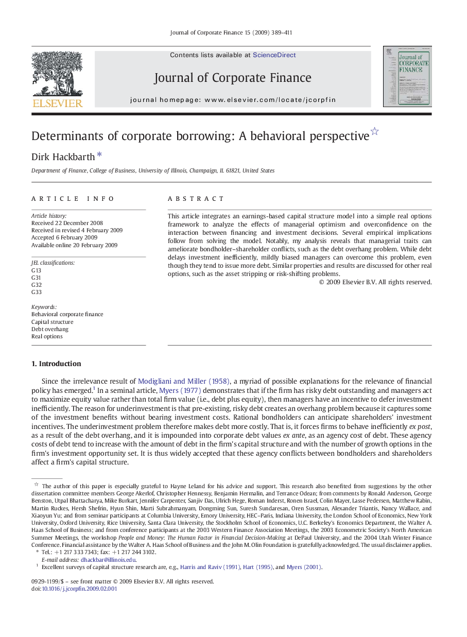 Determinants of corporate borrowing: A behavioral perspective