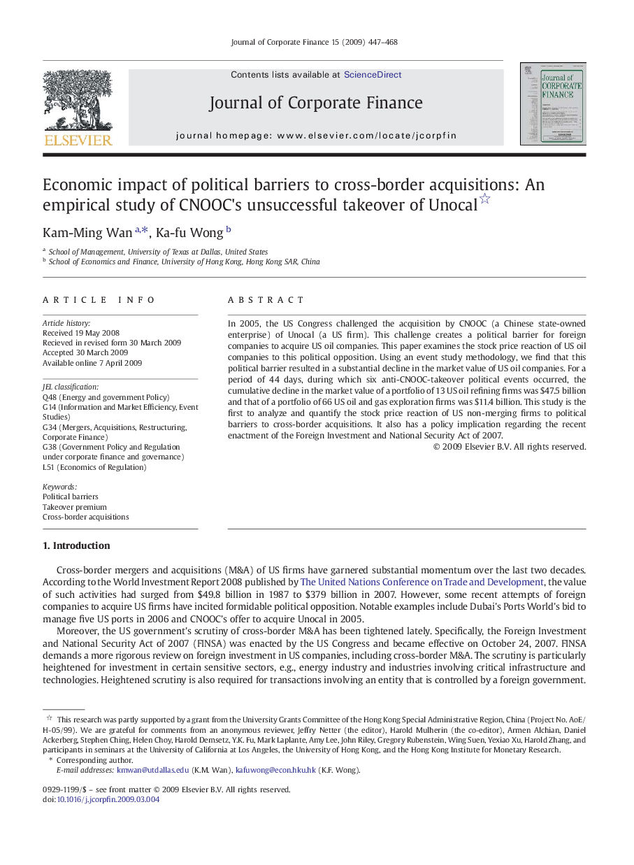 Economic impact of political barriers to cross-border acquisitions: An empirical study of CNOOC's unsuccessful takeover of Unocal