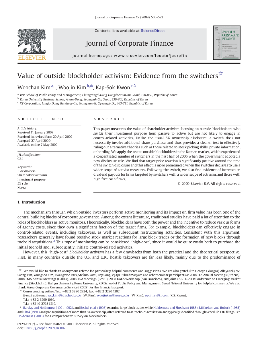 Value of outside blockholder activism: Evidence from the switchers