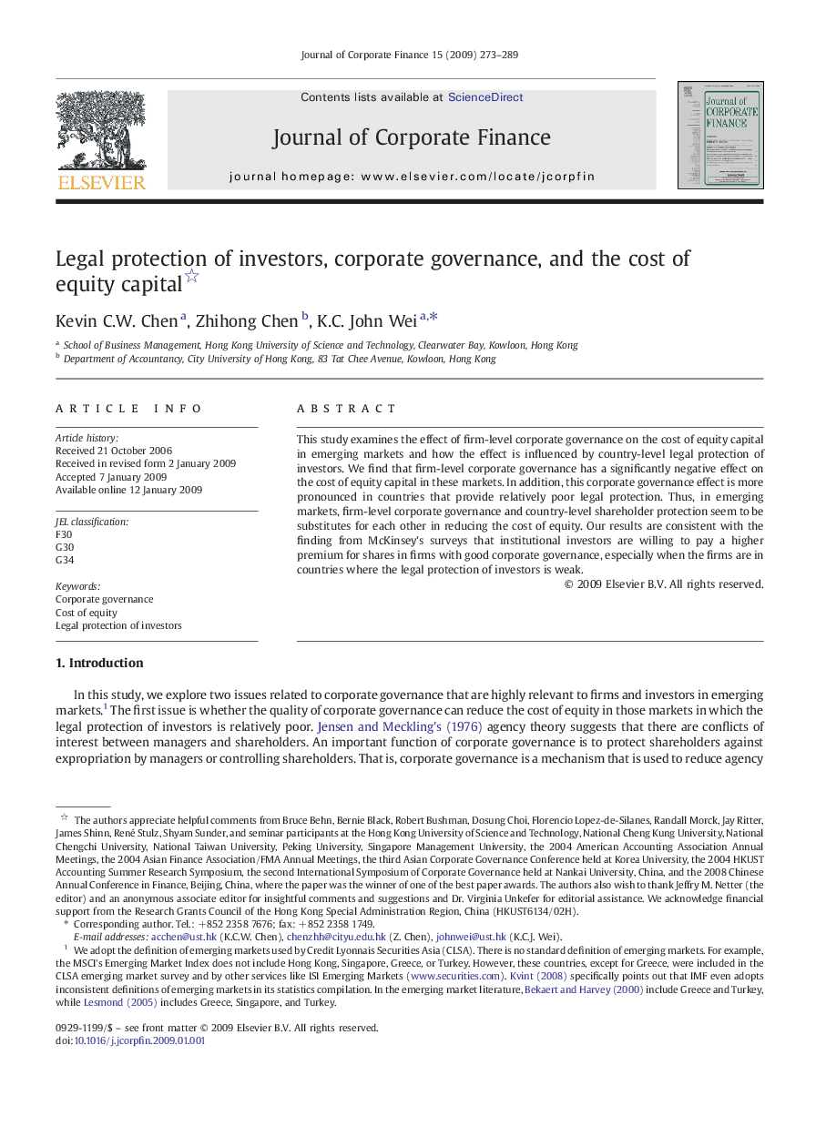 Legal protection of investors, corporate governance, and the cost of equity capital