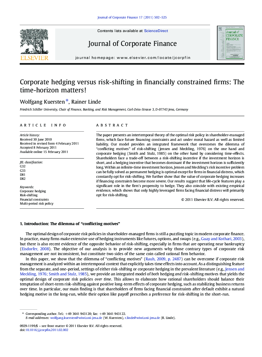 Corporate hedging versus risk-shifting in financially constrained firms: The time-horizon matters!