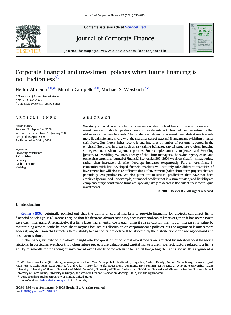 Corporate financial and investment policies when future financing is not frictionless