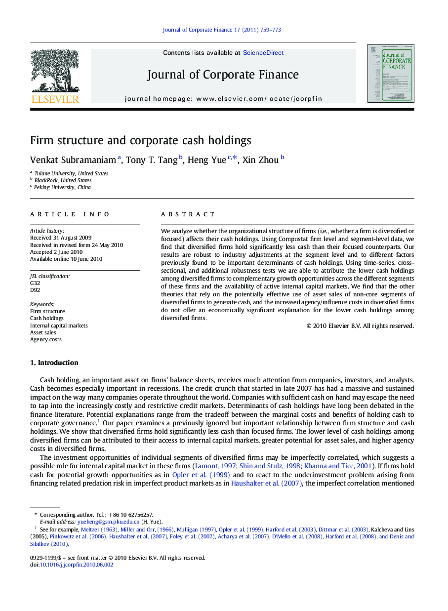 عکس صفحه اول مقاله: Firm structure and corporate cash holdings Firm structure and corporate cash holdings