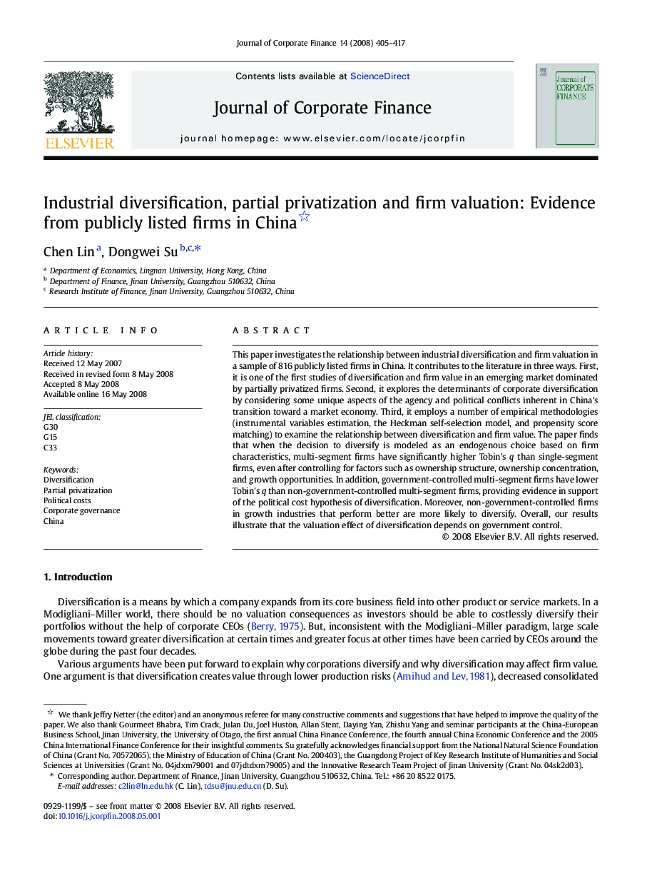 عکس صفحه اول مقاله: Industrial diversification, partial privatization and firm valuation: Evidence from publicly listed firms in China Industrial diversification, partial privatization and firm valuation: Evidence from publicly listed firms in China