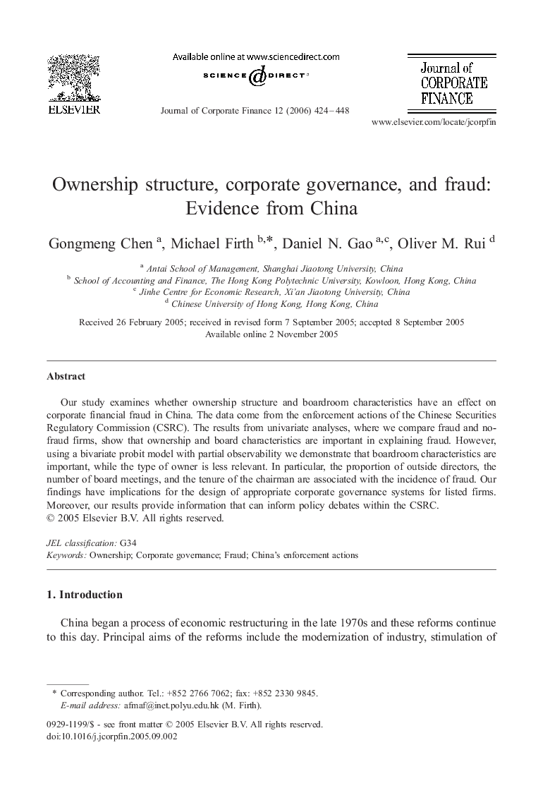 Ownership structure, corporate governance, and fraud: Evidence from China