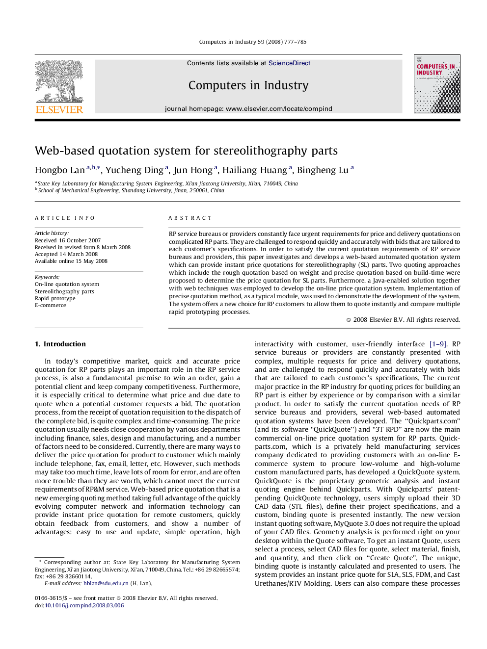 Web-based quotation system for stereolithography parts