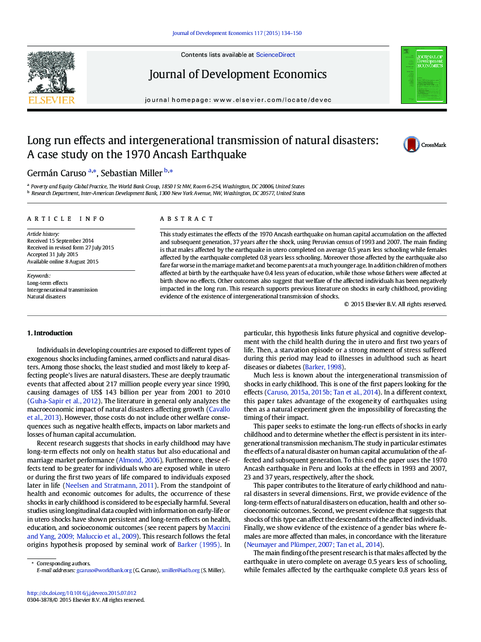 Long run effects and intergenerational transmission of natural disasters: A case study on the 1970 Ancash Earthquake