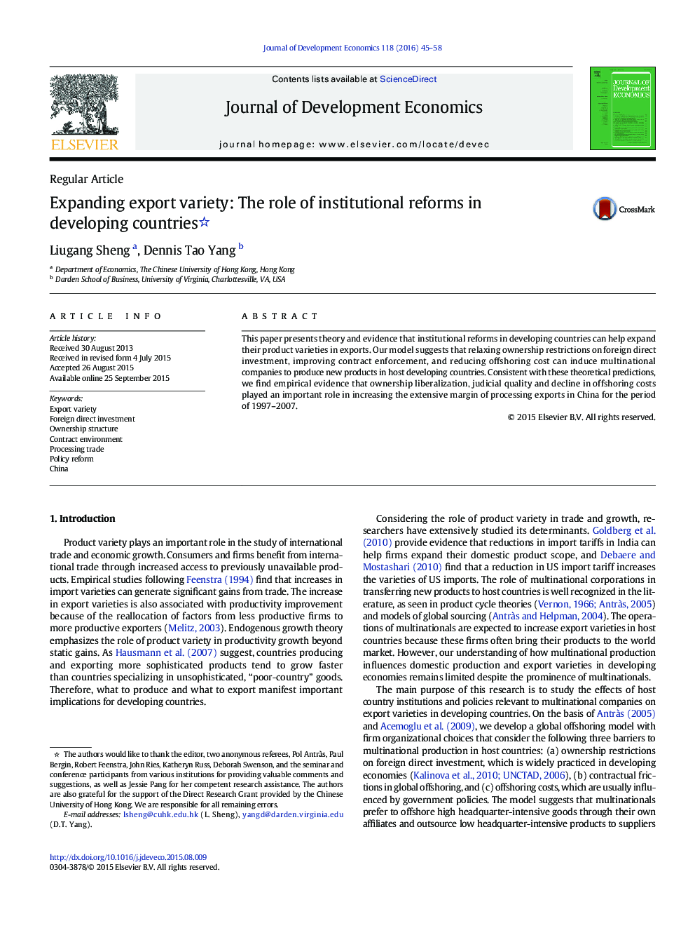 Regular ArticleExpanding export variety: The role of institutional reforms in developing countries