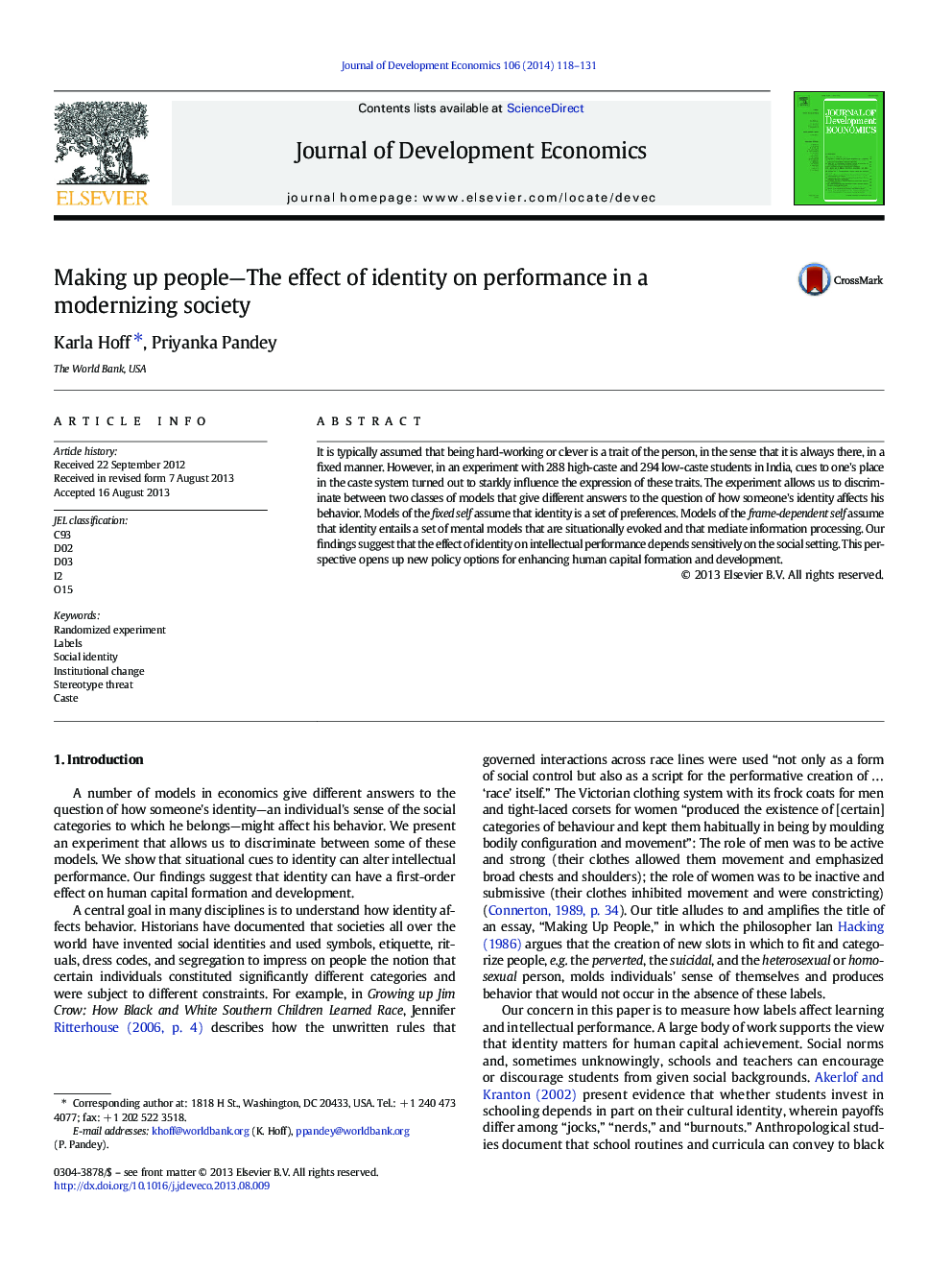 Making up people-The effect of identity on performance in a modernizing society