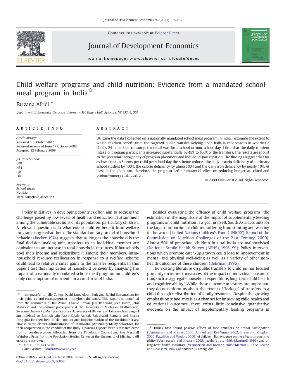 Child welfare programs and child nutrition: Evidence from a mandated school meal program in India