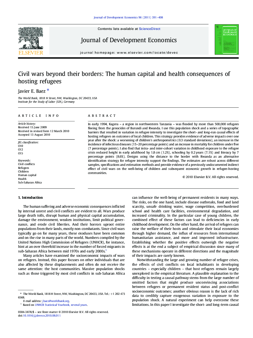 Civil wars beyond their borders: The human capital and health consequences of hosting refugees