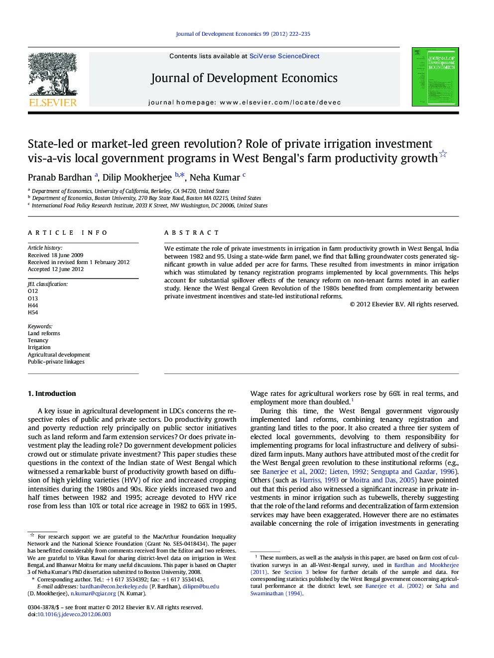 State-led or market-led green revolution? Role of private irrigation investment vis-a-vis local government programs in West Bengal's farm productivity growth